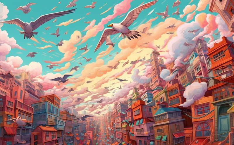 粉色城市蓝天鸽子鸟群飞翔春天夏天国潮城市插画,插画/手绘图,插画/手绘图库,插画/手绘图下载,插画/手绘